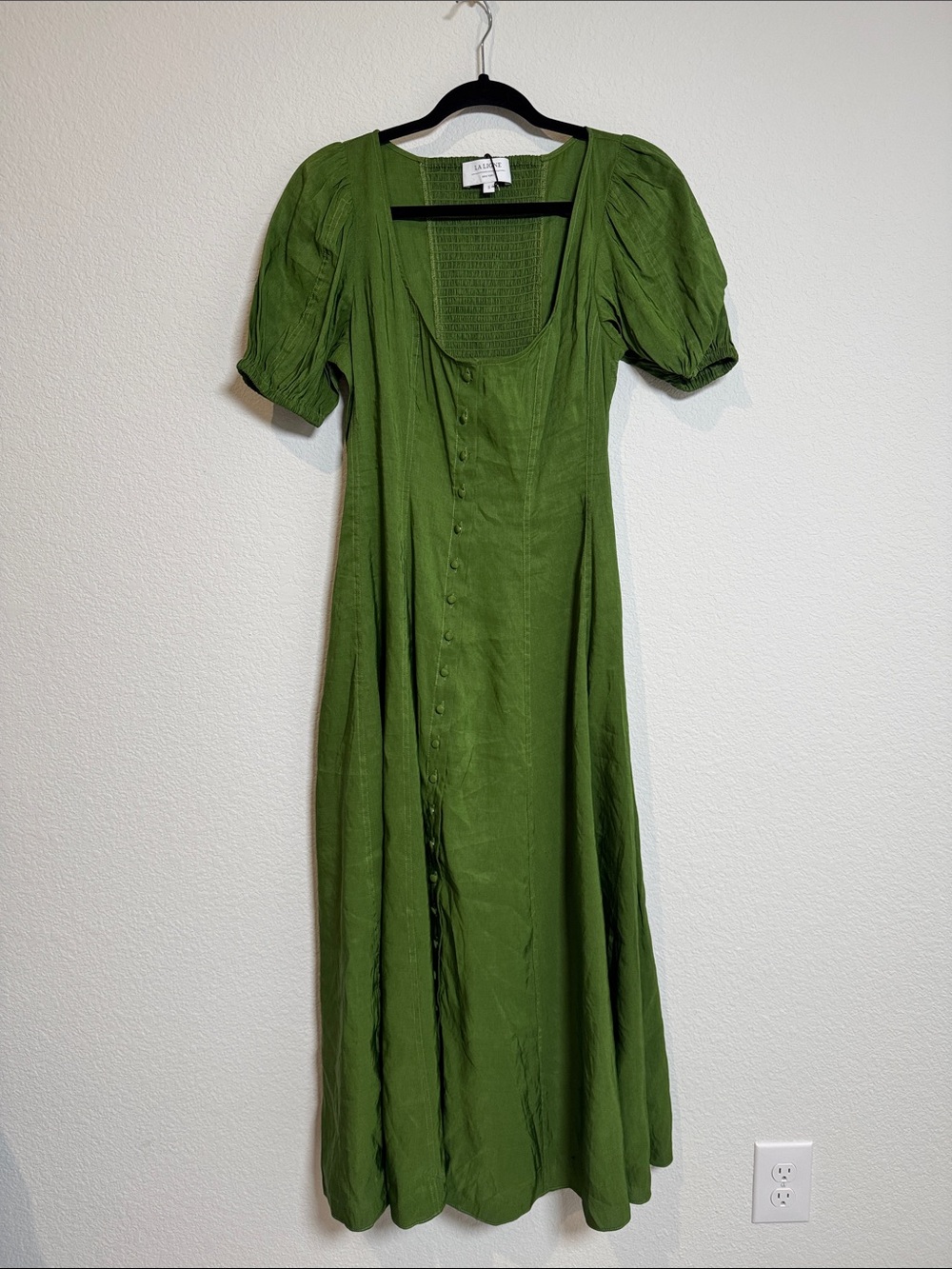 NWOT La Ligne Francesca Verdant Palm Green Puff Sleeve Linen Midi Dress Small